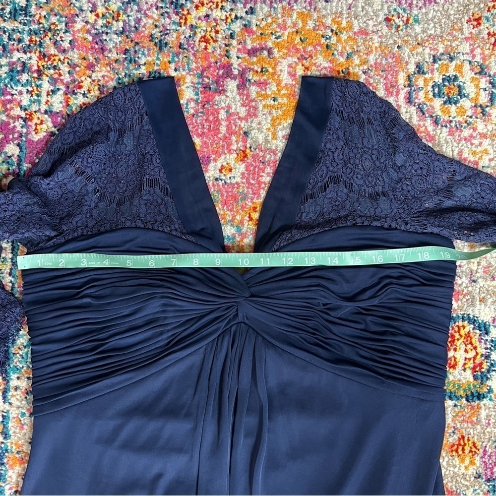Alex Evenings Navy Blue Ruched Twist Column Bodice Lace Sleeve Maxi Dress Gown - Picture 11 of 14